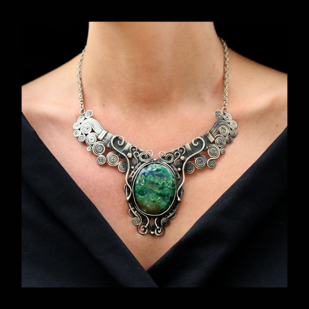 Azurite stone silver necklace