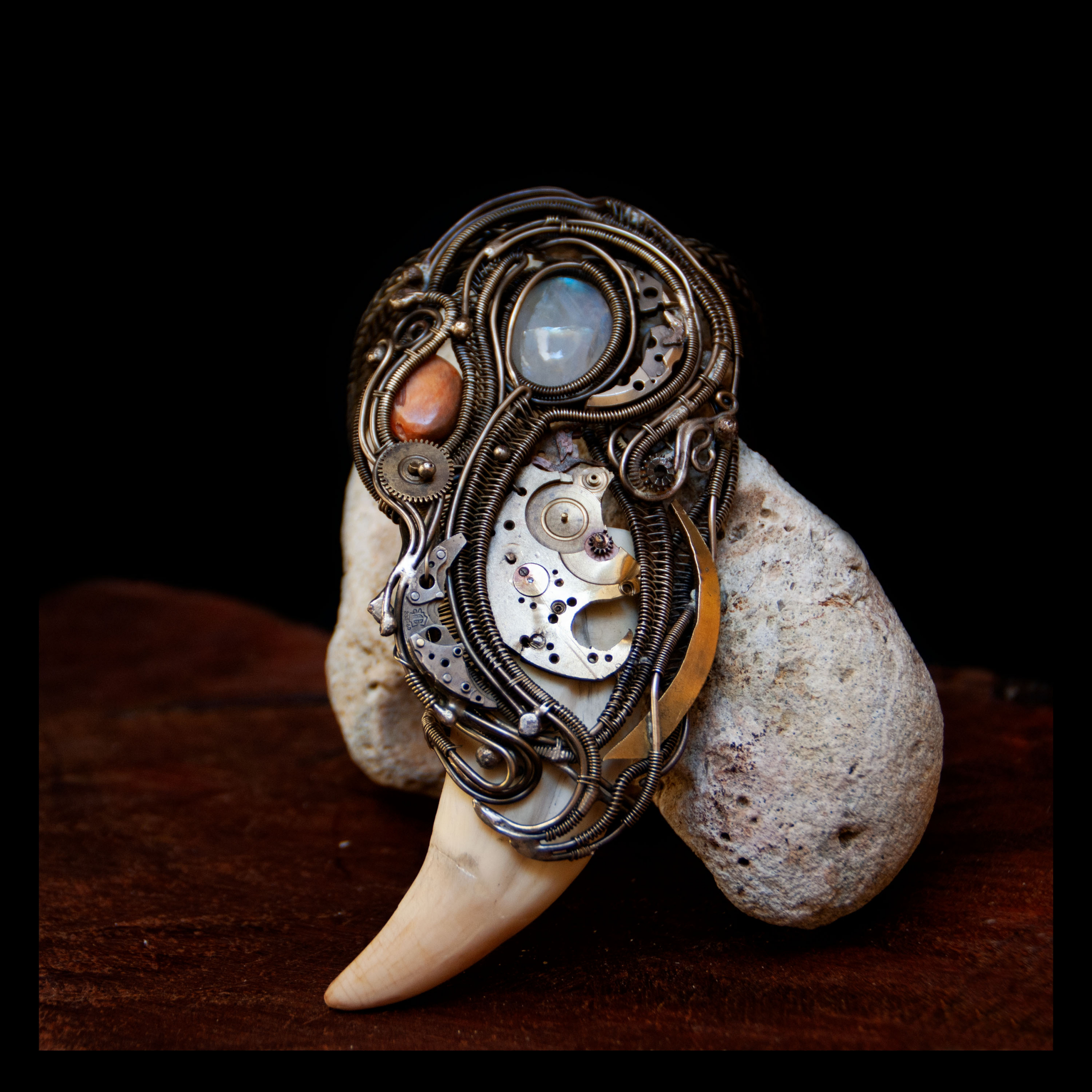 Sea lion tooth STEAMPUNK Gears moon and chrysocolla stone