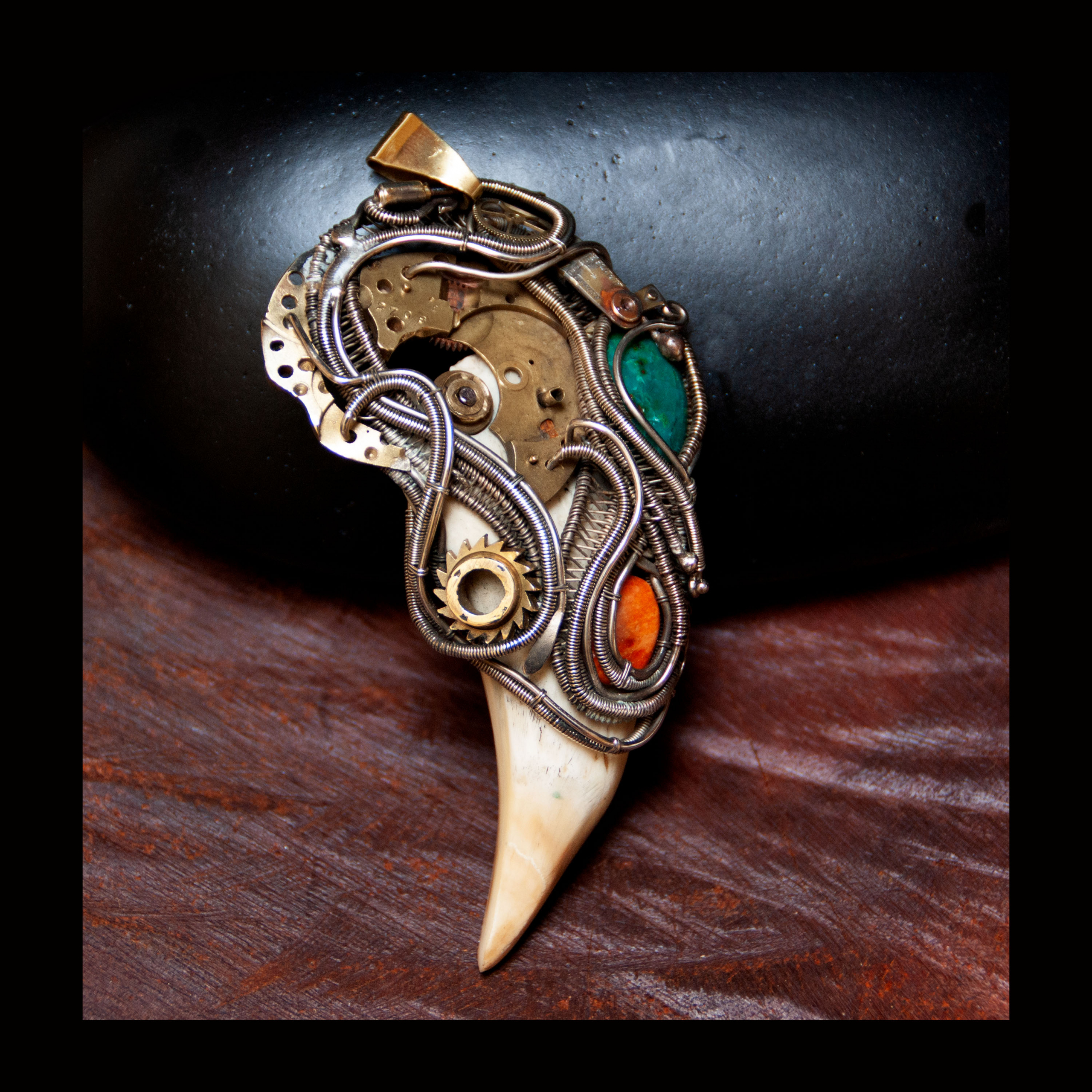 Sea lion tooth STEAMPUNK Gears chryzacolla and spondylus stone