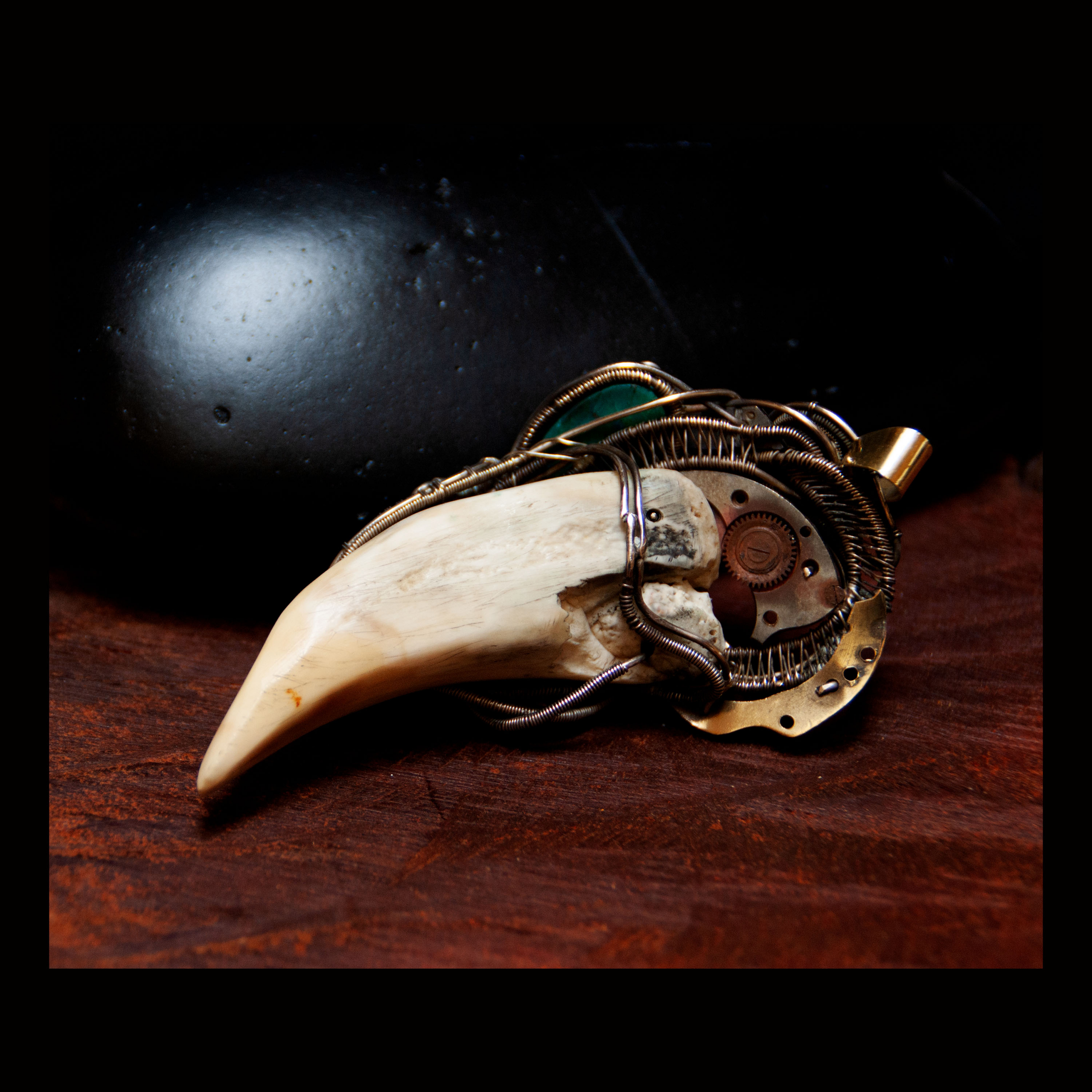 Sea lion tooth STEAMPUNK Gears chryzacolla and spondylus stone - Image 3