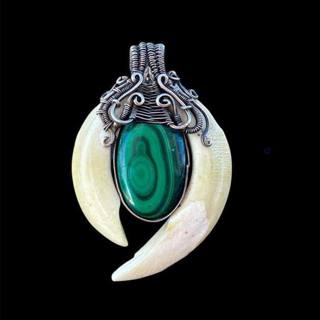 Real Wild Boar Teeth malachite Necklace